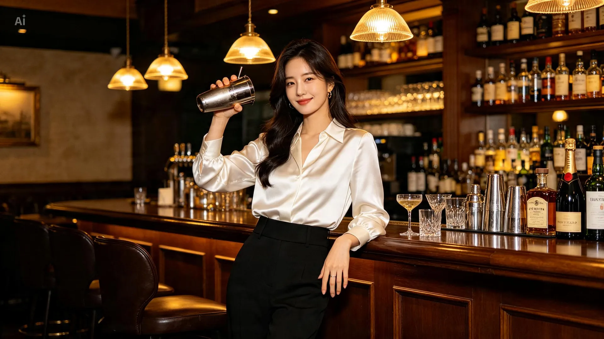 바 카운터에서 칵테일을 만드는 모습