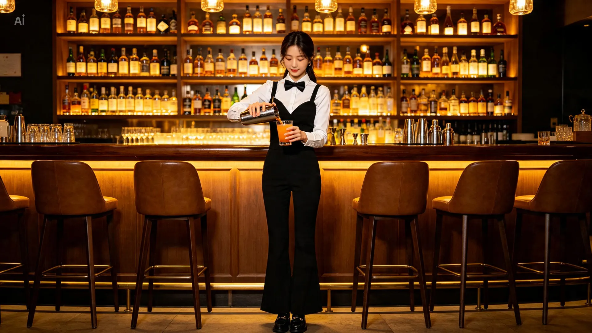 온천장bar 유니폼을 입고 서빙하는 홀 스태프