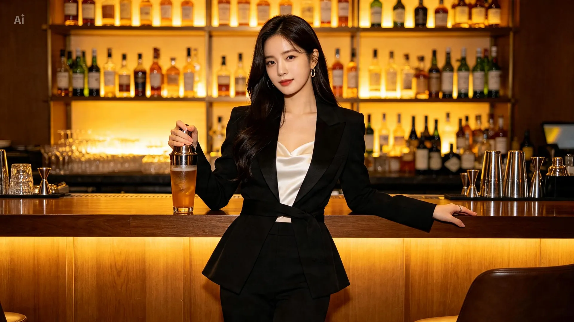 셰이커로 칵테일을 만드는 바텐터