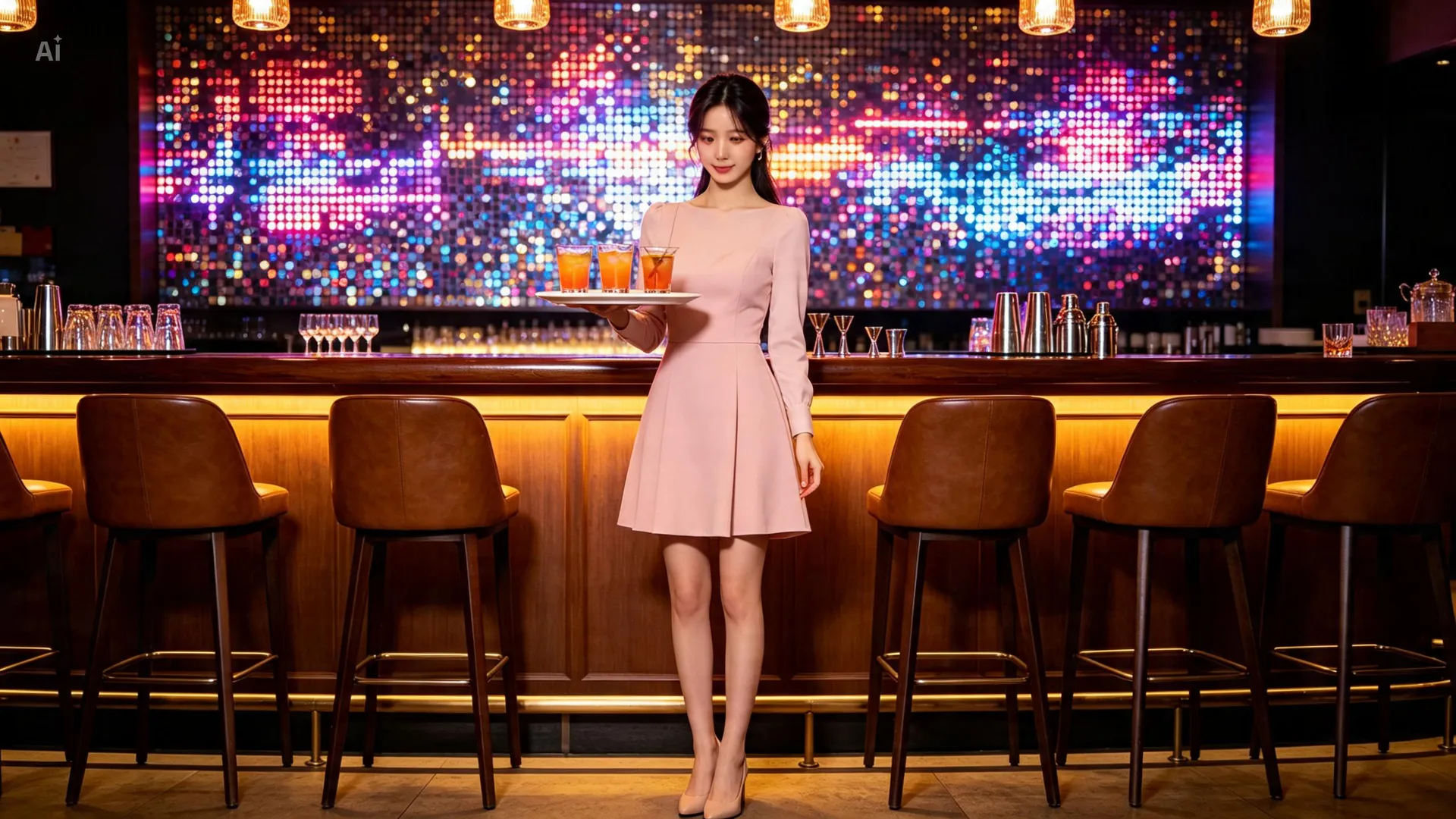 온천장bar LED 월 앞에서 서빙하는 모습